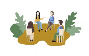 Animated photo of a group representing the power of group counselling to help you feel connected, save money and offer effective psychological services