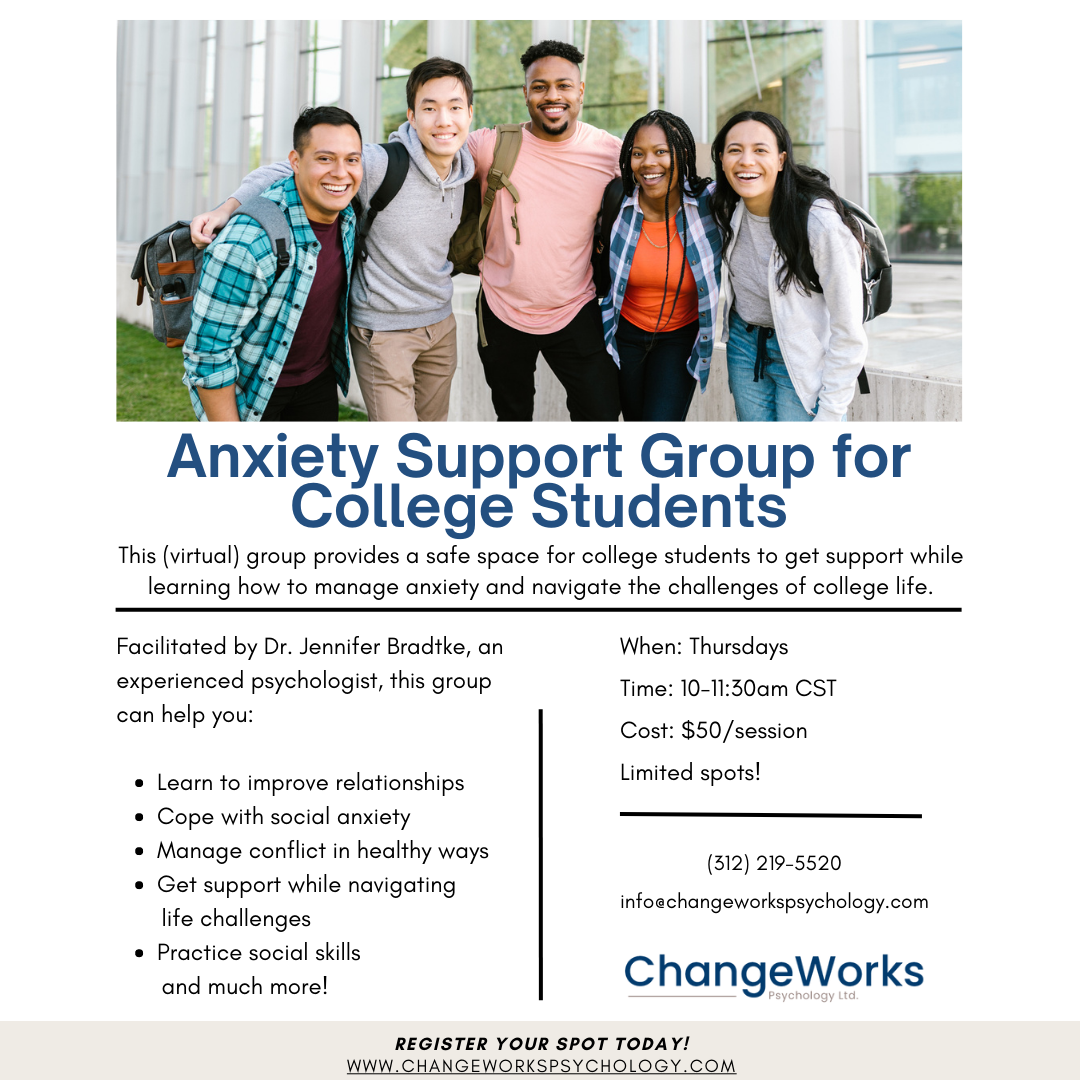 Group of five diverse college ages students standing together posting for a photo with the title "anxiety support group for college students" filier underneath it. 